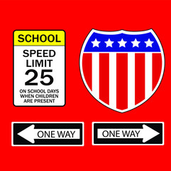  collection of traffic signs icons, labels with the usa american flag. illustration vector