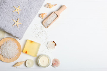 Beautiful spa composition on a table top view with place for text.