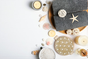 Beautiful spa composition on a table top view with place for text.