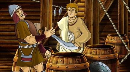 Fototapeta premium cartoon scene with roman or greek ancient character inside wooden ship chamber illustration for children