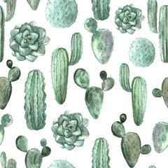 Seamless pattern with watercolor exotic cactus