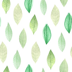 Seamless pattern with watercolor green leaves