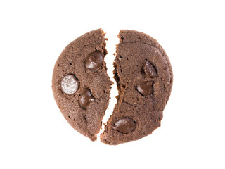 Top view of Chocolate cookies with chips isolated on white background, flat lay of dessert and sweet