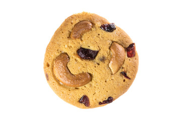 Top view of chocolate chips cookies and cashew nuts isolated on white background, flat lay of sweet and dessert with raisins seeds