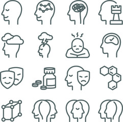 Psychology icons set vector illustration. Contains such icon as Depress, Brain, Thoughts, Mind, Strategy and more. Expanded Stroke