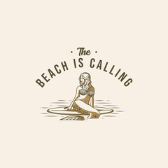 Mermaid sits on the surfboard. t-shirt graphics, vectors, retro vintage hand drawn