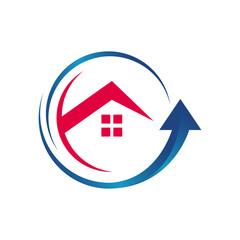 home improvement logo vector icon Stylist House and Roof Sign with Up Arrow Symbol
