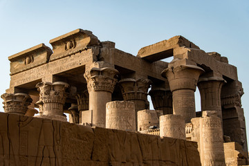 Ruins and Hieroglyphs in the famous Temple of Kom Ombo in Egypt on nile river bank