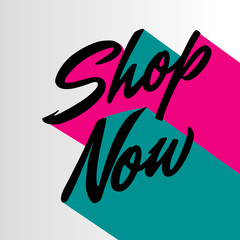 Shop now button lettering text vector design with business symbol icon template for banner site page website element