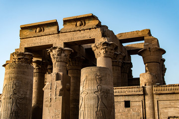 Ruins and Hieroglyphs in the famous Temple of Kom Ombo in Egypt on nile river bank
