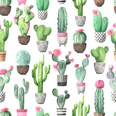 Seamless pattern with watercolor flowering cactus