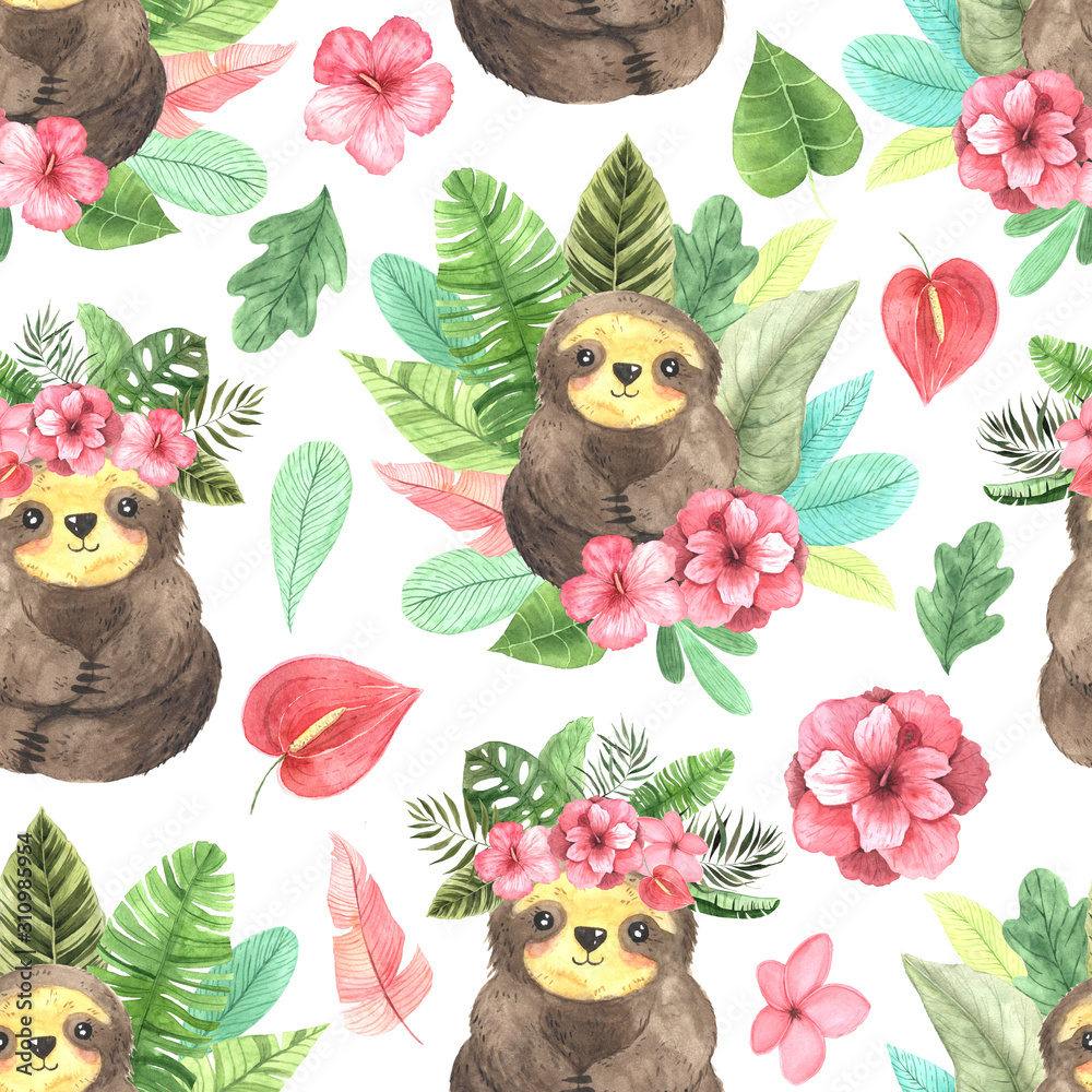 Wall mural Seamless pattern with watercolor cute sloth