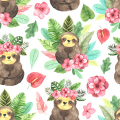 Seamless pattern with watercolor cute sloth © lisagerrard99
