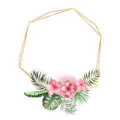 Watercolor tropic geometric frame with pink flower