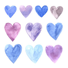 Set of hand painted watercolor hearts