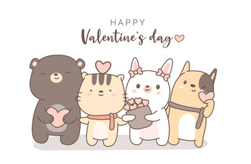 happy valentines day with cute animal cartoon hand drawn style.vector illustration