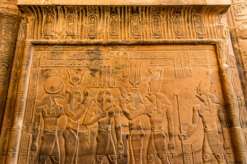 Ruins and Hieroglyphs in the famous Temple of Kom Ombo in Egypt on nile river bank