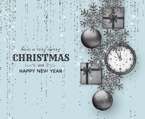 Merry Christmas background with shiny snowflakes, silver balls, clock and grey colored tinsel and streamer. Greeting card and Xmas template. Five minutes to midnight