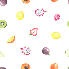 Seamless pattern with watercolor exotic summer fruits