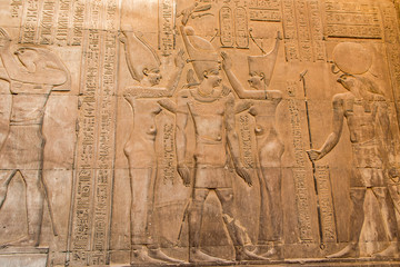 Ruins and Hieroglyphs in the famous Temple of Kom Ombo in Egypt on nile river bank