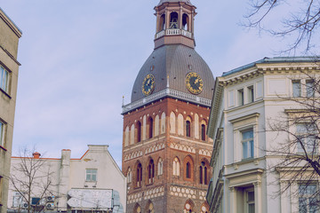Fototapeta premium City Riga, Latvia. Old Town with buildings of different centuries and peoples on the street.