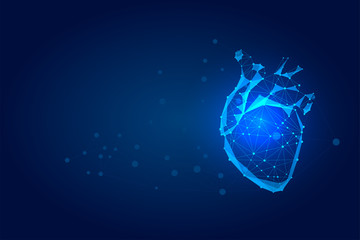 Abstract mash line and point human heart. Connected dots low poly wireframe. Online doctor medicine low poly vector illustration