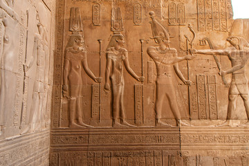 Ruins and Hieroglyphs in the famous Temple of Kom Ombo in Egypt on nile river bank