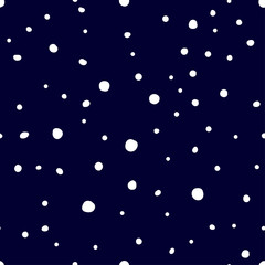 Seamless winter pattern. White random snowflakes on a dark blue sky background. Vector illustration for wallpapers, posters, wrapping paper, textile. Neutral Geometric polka Dot Pattern