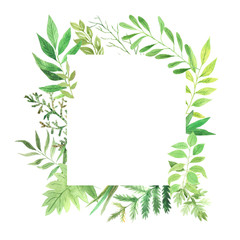 Watercolor geometric frame with green leaves