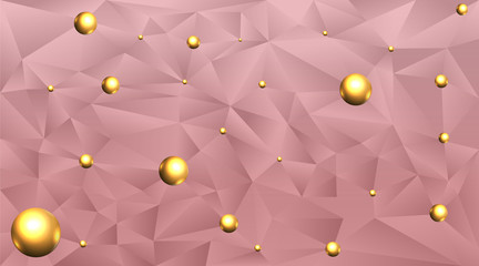 Low poly elegant triangles  background with golden metal spheres, trendy  3d luxury abstraction for web and print decoration geometric concept. 