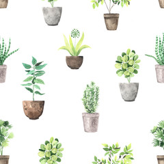 Fototapeta premium Seamless pattern with watercolor house green plants