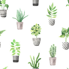 Seamless pattern with watercolor house green plants