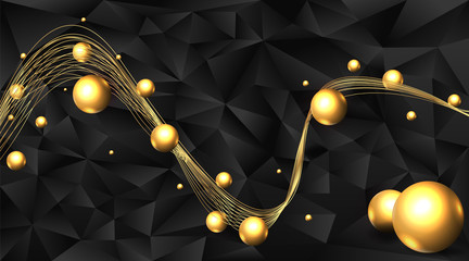 Low poly elegant triangles  background with golden metal spheres