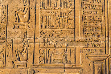 Ruins and Hieroglyphs in the famous Temple of Kom Ombo in Egypt on nile river bank