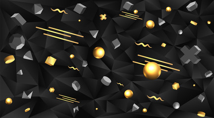 Golden black 3D primitives  realistic geometric vector illustration for web and print decoration, elegant motion metal and matte