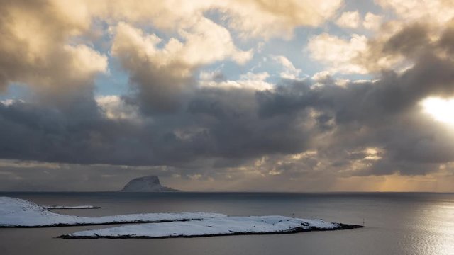 Time lapse of skerries in Tr&aelig;na archipelago in winter with Lovund in background, Nordland, Northern Norway