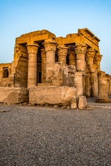 Ruins and Hieroglyphs in the famous Temple of Kom Ombo in Egypt on nile river bank