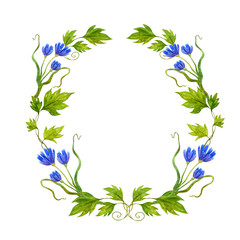 A wreath of blue wildflowers and grape leaves.