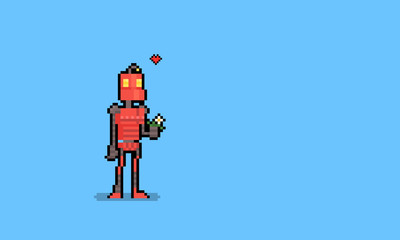 Pixel art cute cartoon robot with white flower.