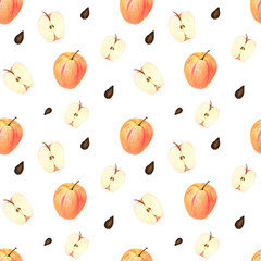 Hand painted watercolor apple seamless pattern on white background. Colorful apple background perfect for design  kitchen towels, fabric, textile. 