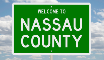Rendering of a green 3d highway sign for Nassau County © Rex Wholster