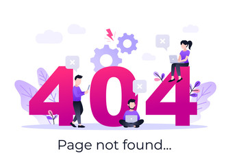 404 error page design concept. Empty screen with error, connection fail. Small people repair the site with a problem. Trendy flat vector style.