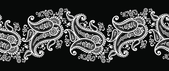 Traditional seamless black and white Asian paisley border