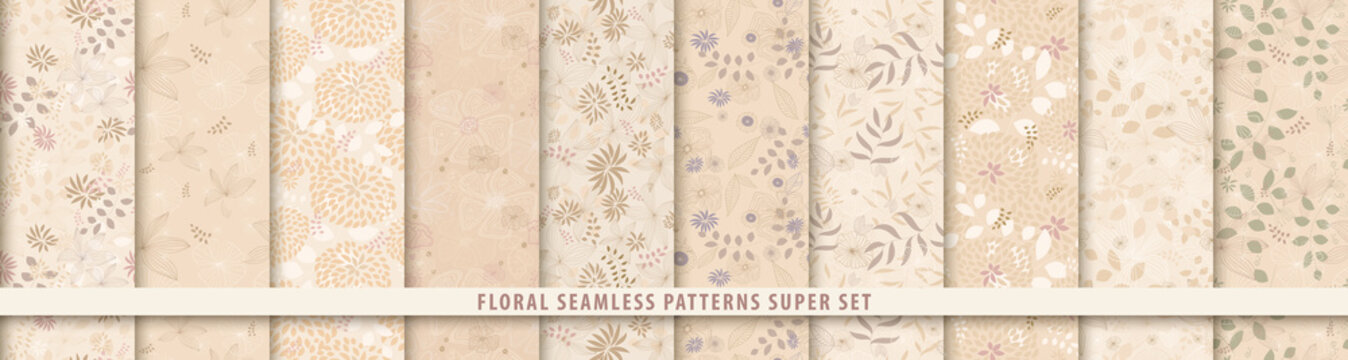 Floral seamless sepia pattern set. Flowers and leaves.. Beige vector background. Fabric and textile print