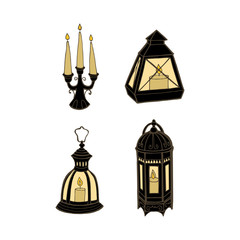 Hand-drawn vintage lantern. Sketch. Vector illustration. T-shirt print. Poster. Isolated on white background.