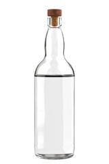 Clear Whiskey Bottle is Partially Filled. 3D Close Up Illustration Isolated on White Background.