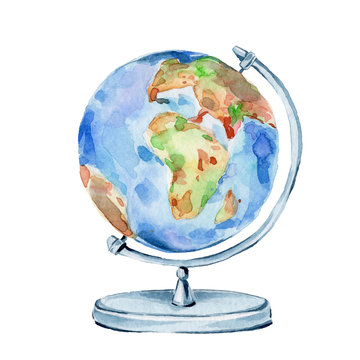 Watercolor hand draw illustration the globe; with white isolated background