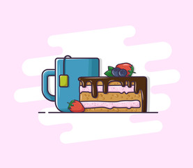 Flat style tea with cake and berries on pink background. Flat cartoon style suitable for banner, sticker, landing