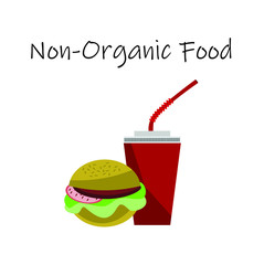 non-organic food illustration with a hamburger, coke soda can and text on top isolated on the white background