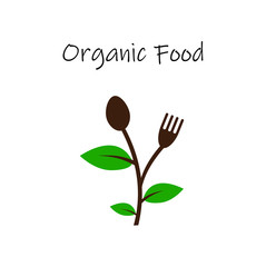 organic food illustration with leaf spoon and fork and text on top isolated on the white background in the middle of the screen. eps 10 vector
